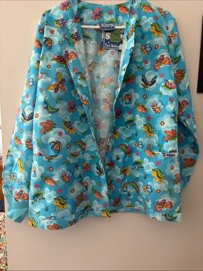 Stars Bright Blue Butterfly Print Medical Scrub Jacket